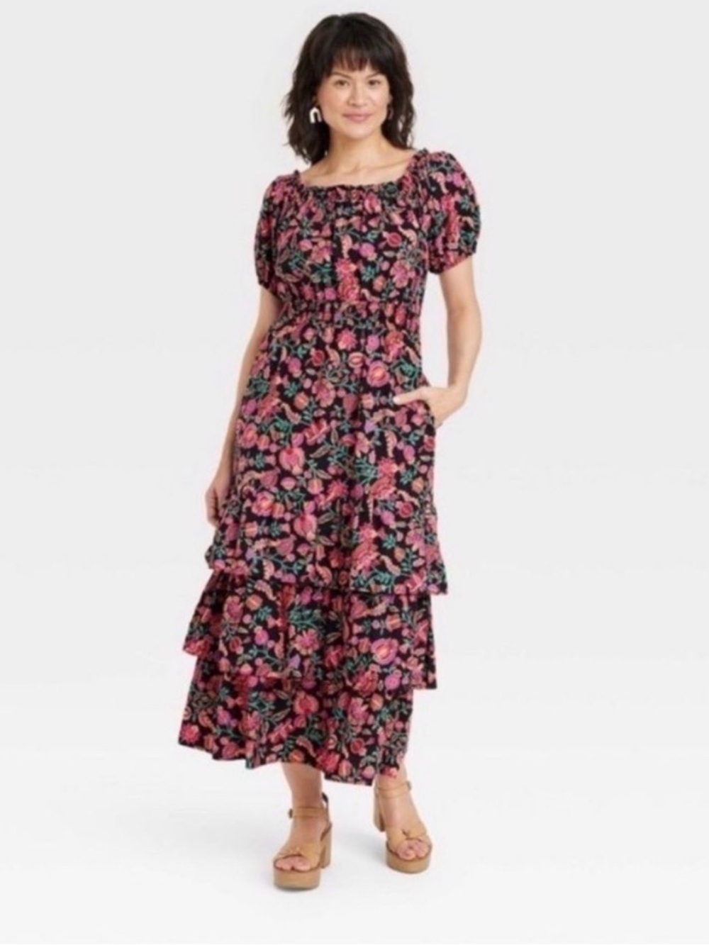 Knox Rose Off Shoulder Floral Puff-Sleeve Tiered Maxi Dress in Pink and Black